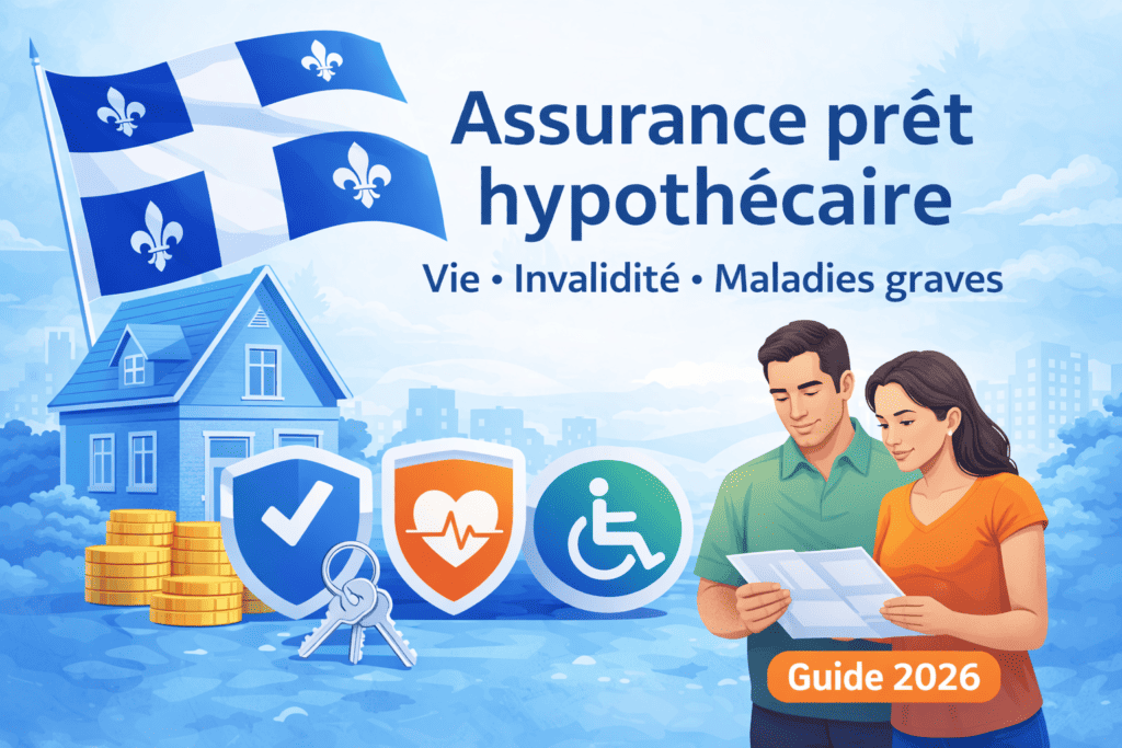 Assurance prêt hypothécaire Québec 2026 : illustration avec maison, clés et protections vie, invalidité, maladies graves.