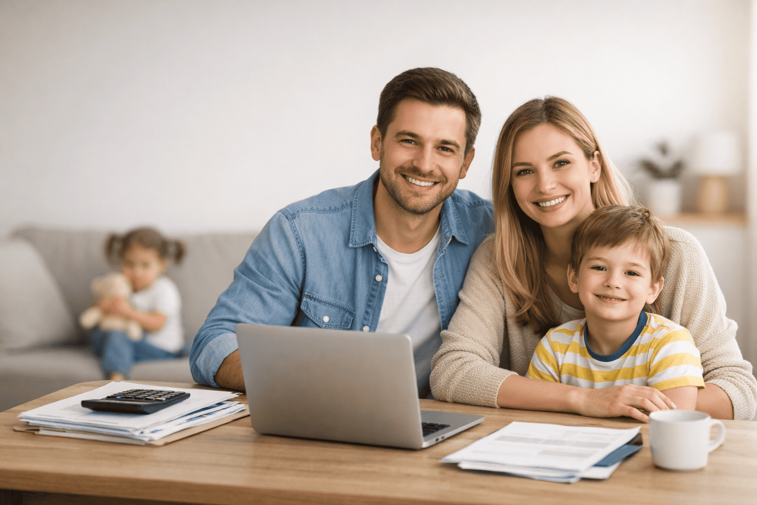 Jeune famille avec enfant à la maison